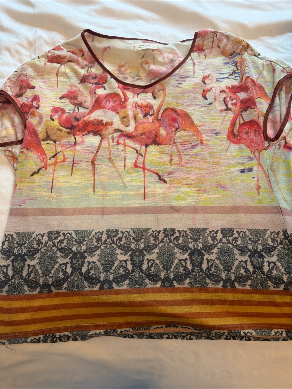 Printed Flamingo Short-Sleeve Blouse in Pink